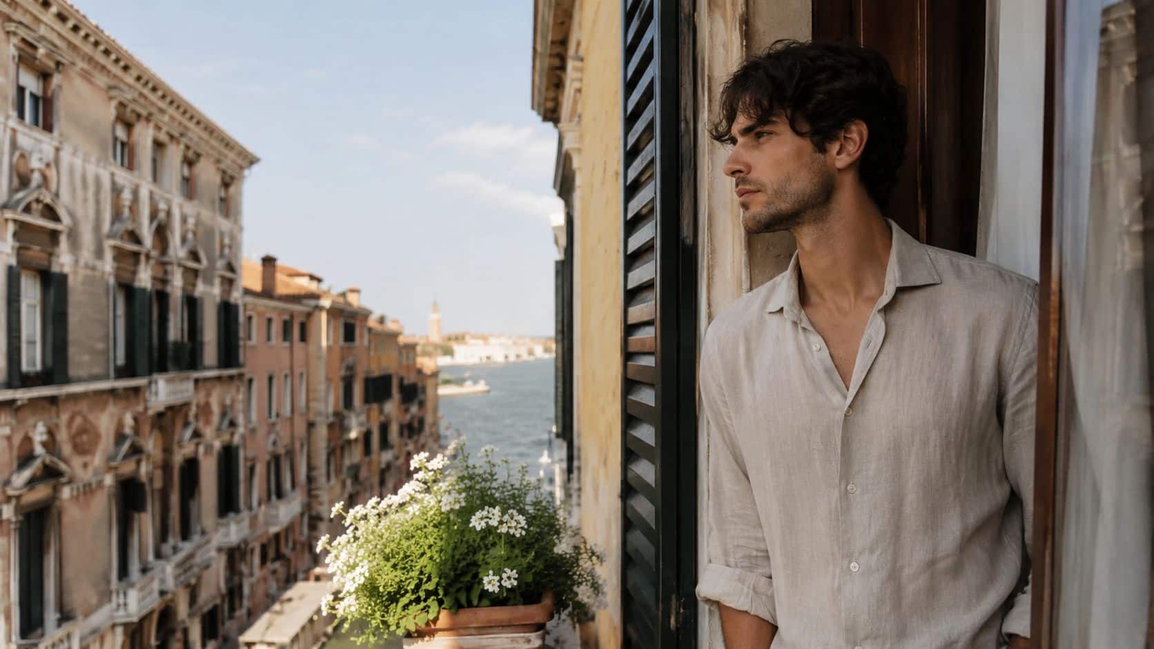 A thoughtful man standing by a balcony overlooking the beautiful canal buildings in historic Venice, Italy.