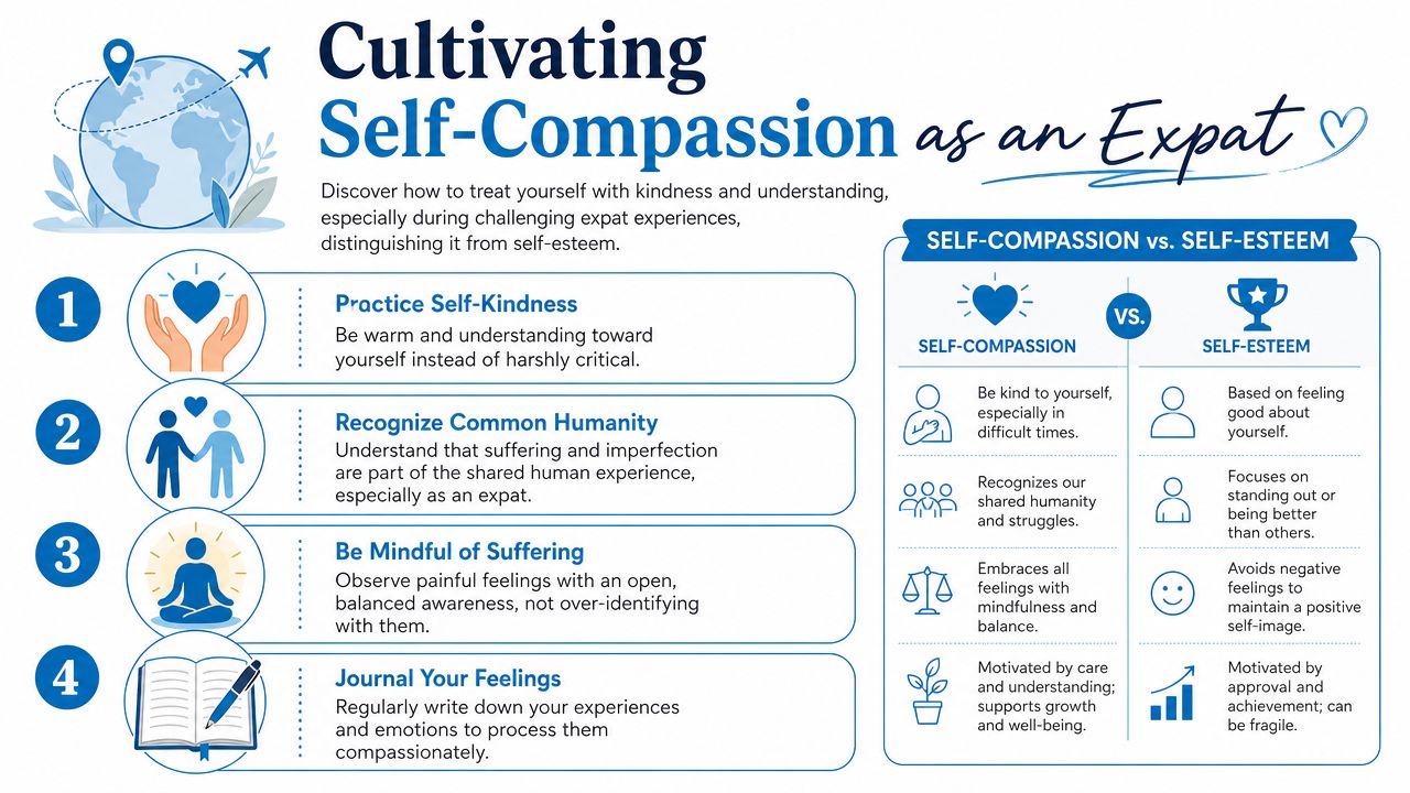 An infographic titled Cultivating Self-Compassion as an Expat, illustrating steps for self-care and comparing self-compassion versus self-esteem.