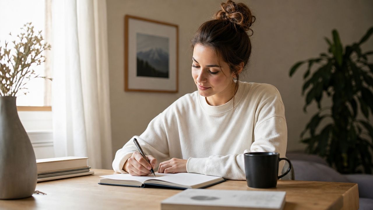 A young woman smiling while writing in a notebook at a wooden table in a cozy room.
