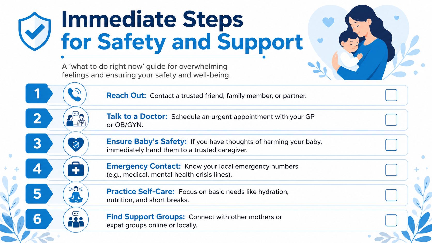 An infographic titled Immediate Steps for Safety and Support providing a six-step guide for new mothers.