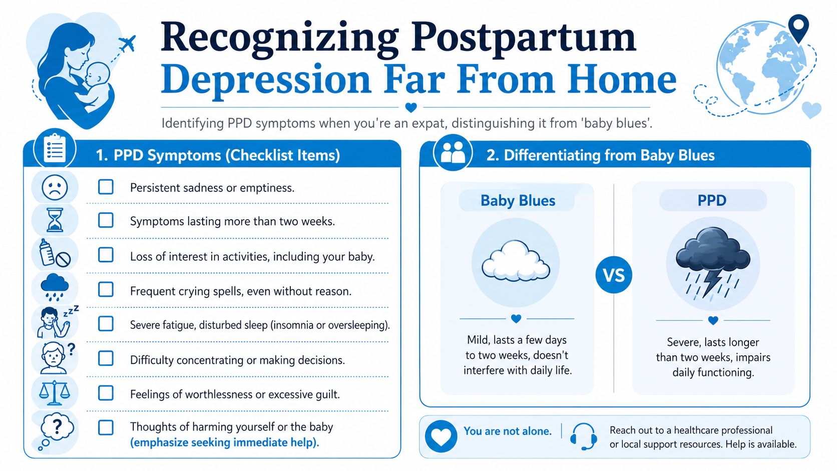 An infographic titled Recognizing Postpartum Depression Far From Home, listing symptoms and comparing them to baby blues.