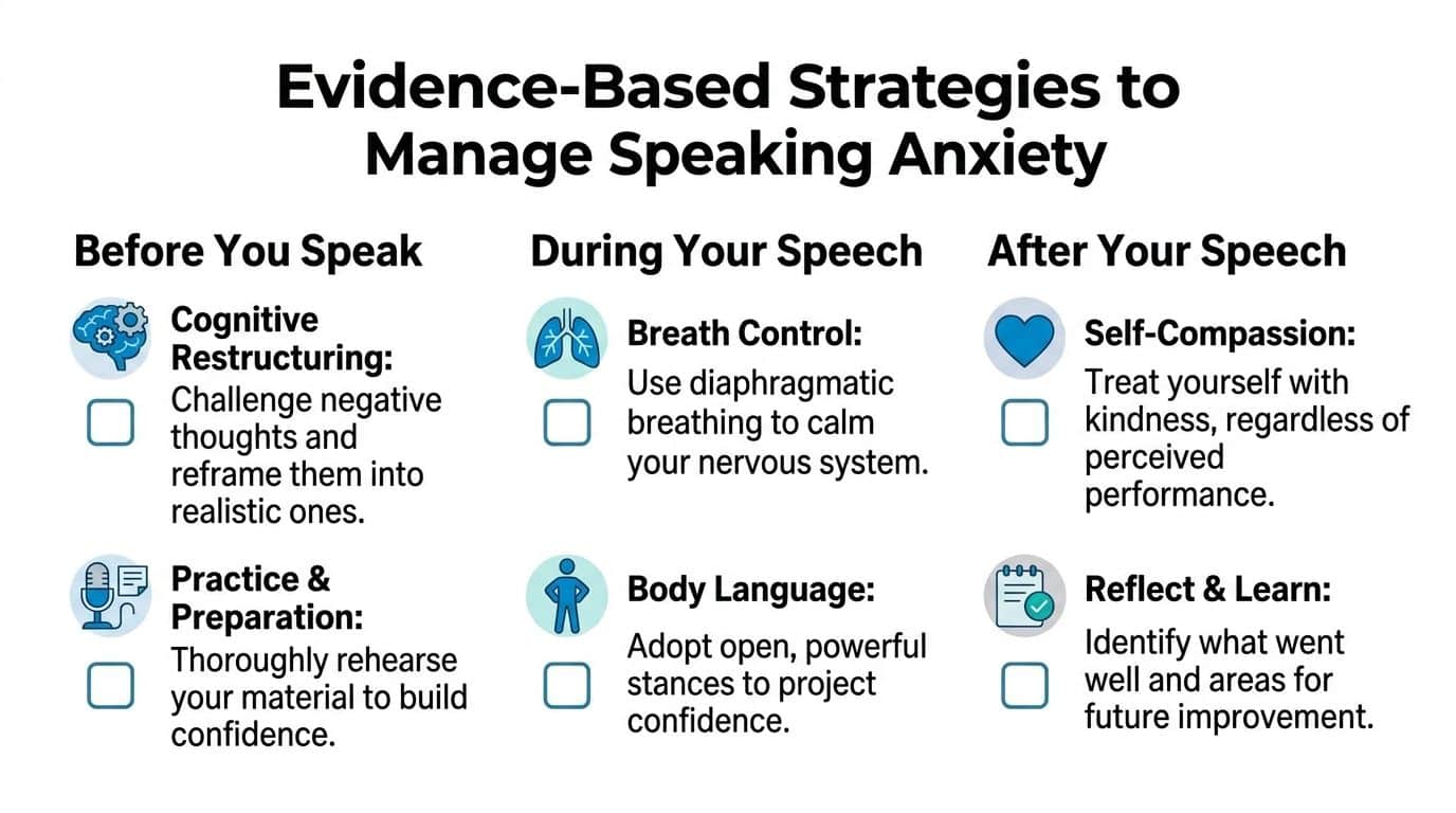 An infographic titled Evidence-Based Strategies to Manage Speaking Anxiety, listing tips for before, during, and after speeches.