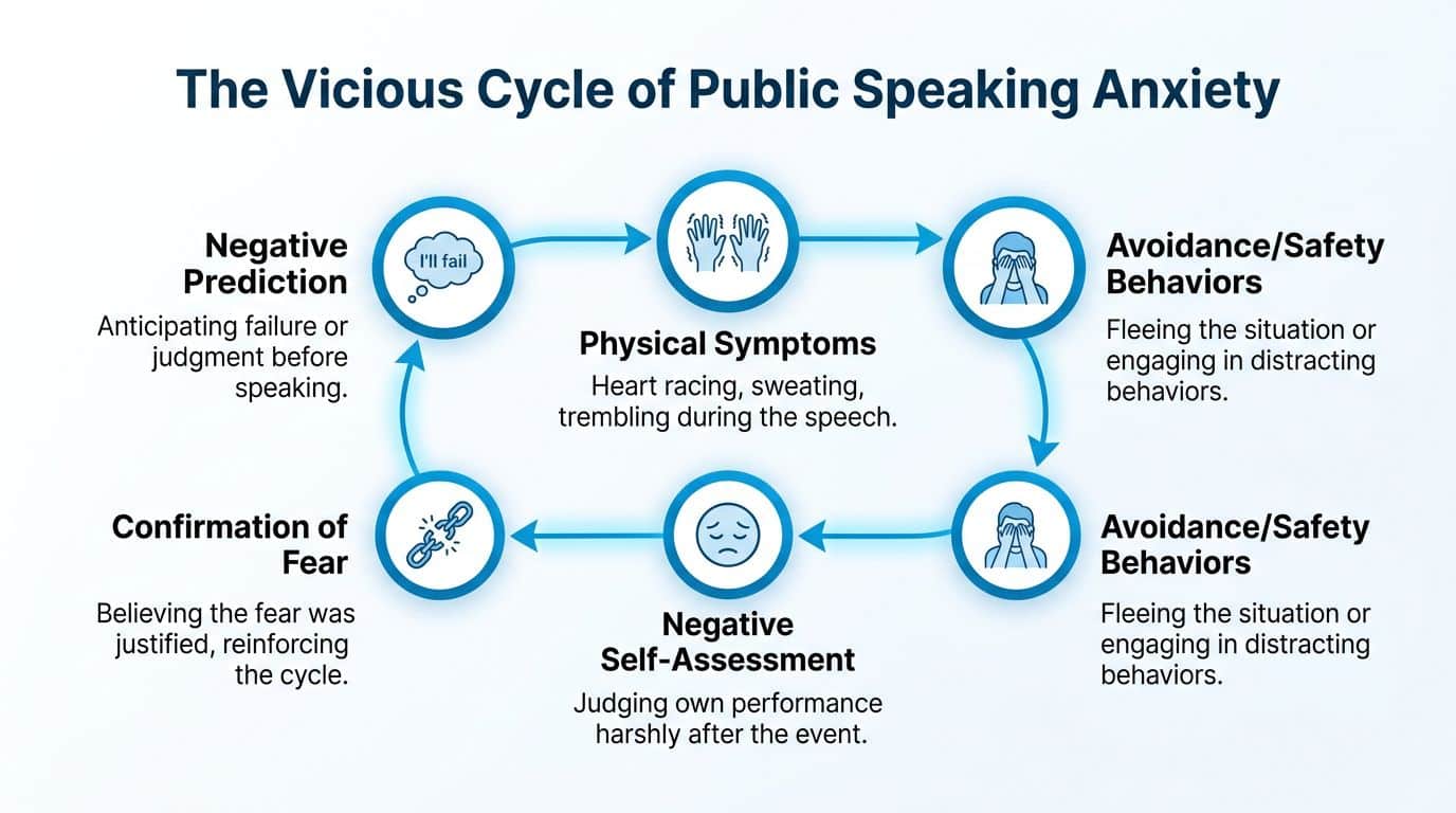 A diagram illustrating the vicious cycle of public speaking anxiety, from negative predictions to confirmation of fear.