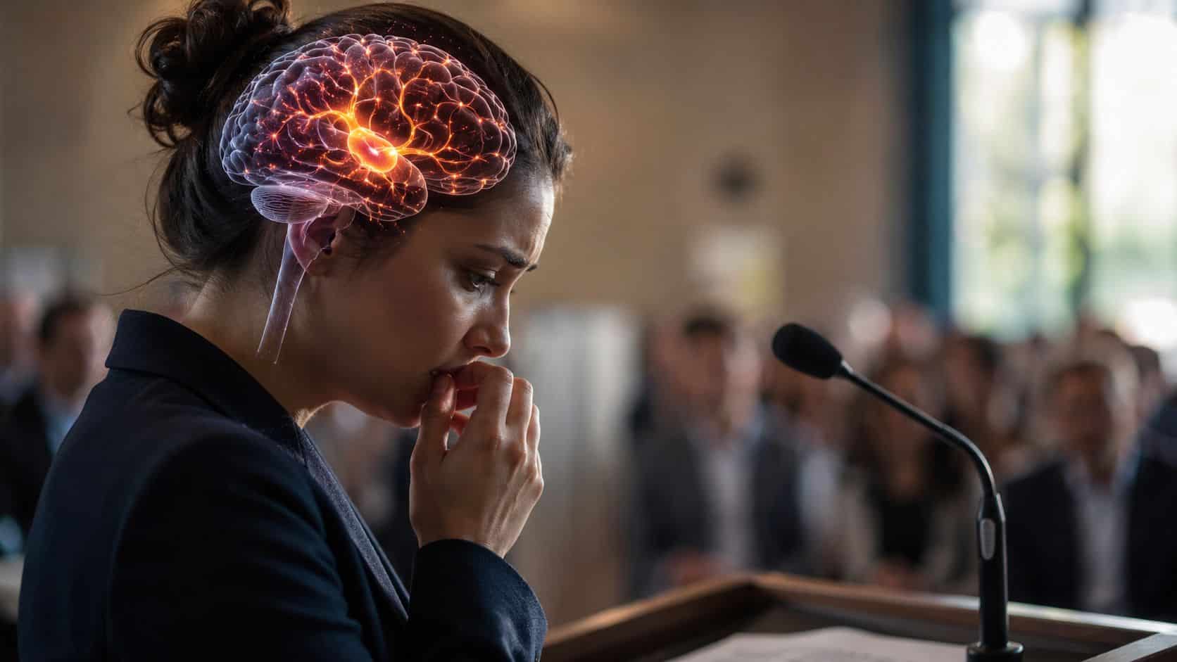 A woman experiencing public speaking anxiety with a glowing holographic brain graphic visualization above her head.