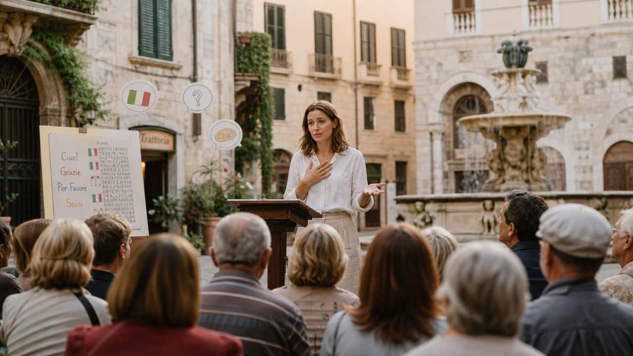 A woman speaks to an audience outdoors in an Italian square while standing behind a podium.