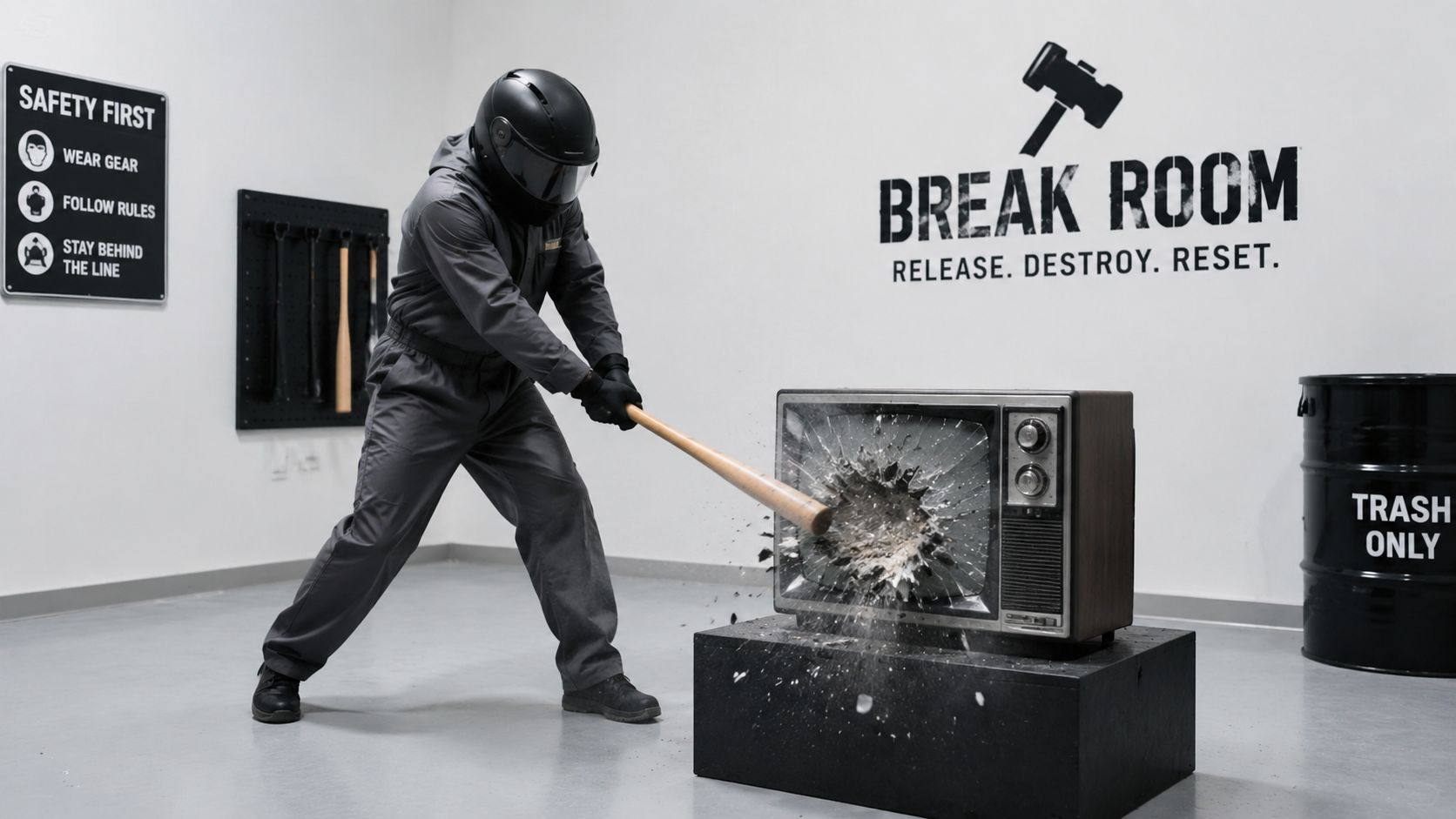 A person wearing a protective helmet and coveralls smashes an old television with a wooden baseball bat.