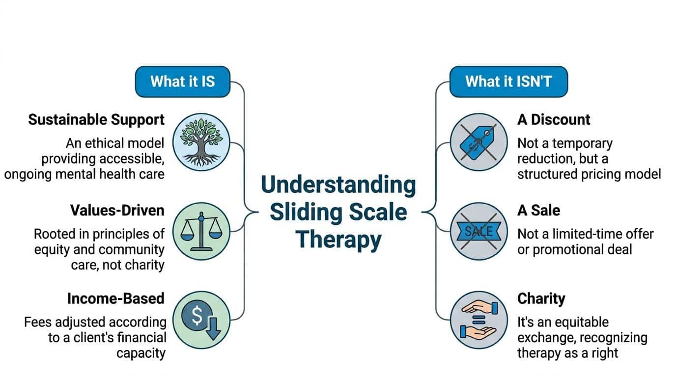 An infographic explaining sliding scale therapy, detailing what it is and what it is not.