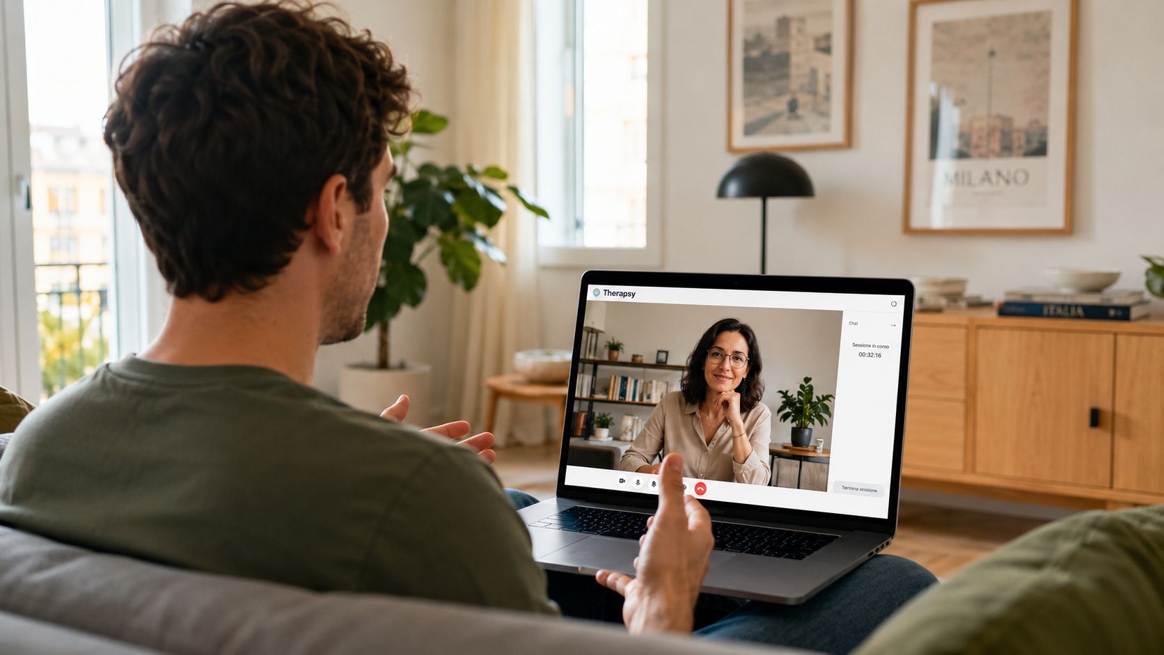 A young man sits on a couch at home having a video therapy session on his laptop.