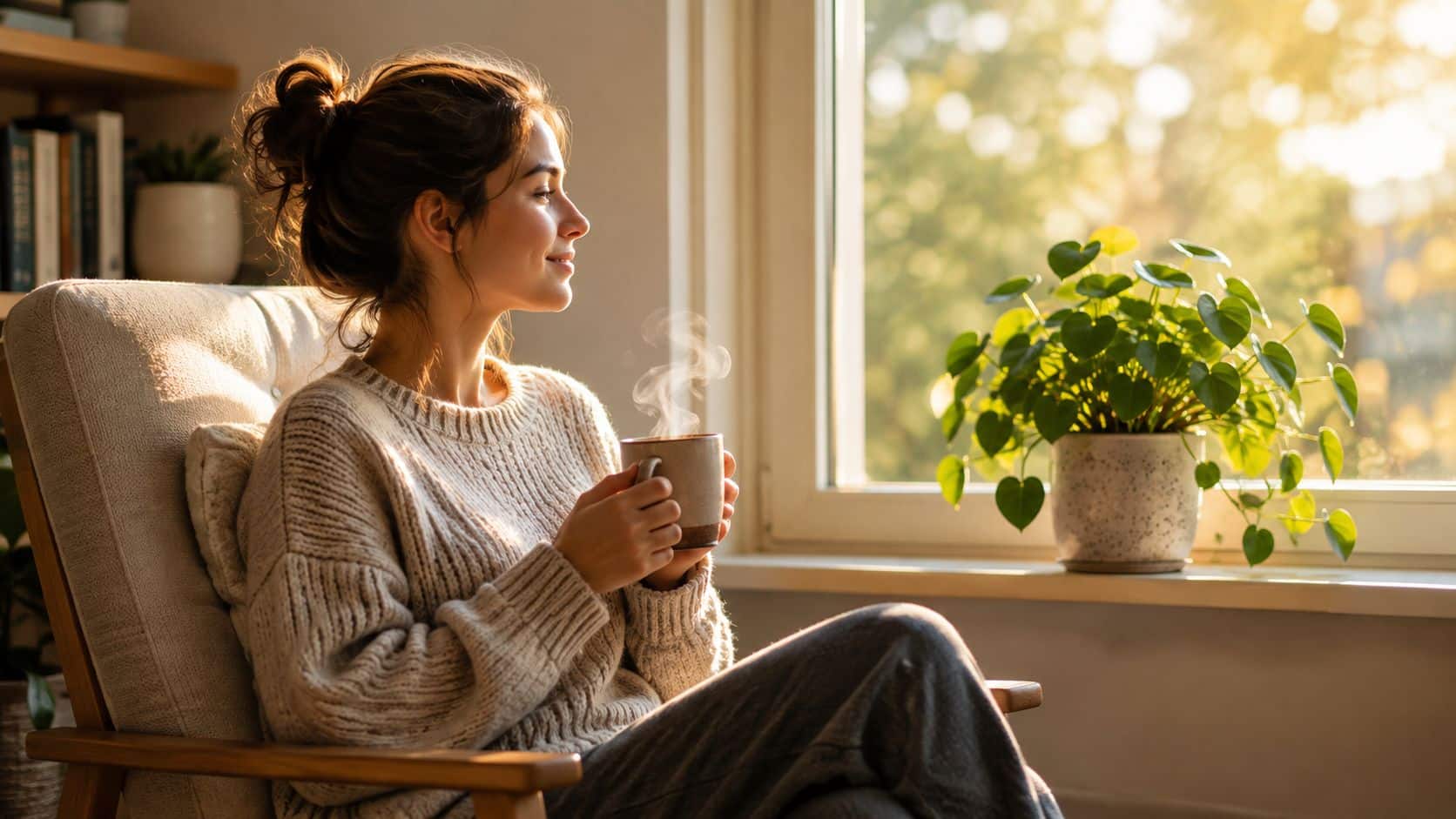 A young woman smiling peacefully while holding a steaming mug of coffee near a sunny window.