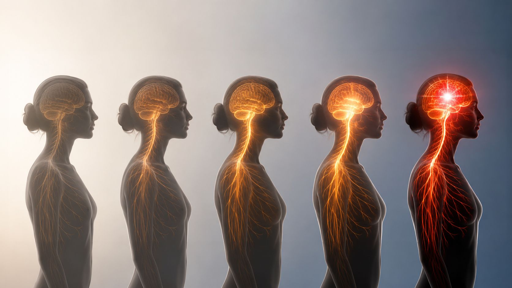 A digital illustration showing the progression of stress, anxiety, and panic attacks within the human nervous system.