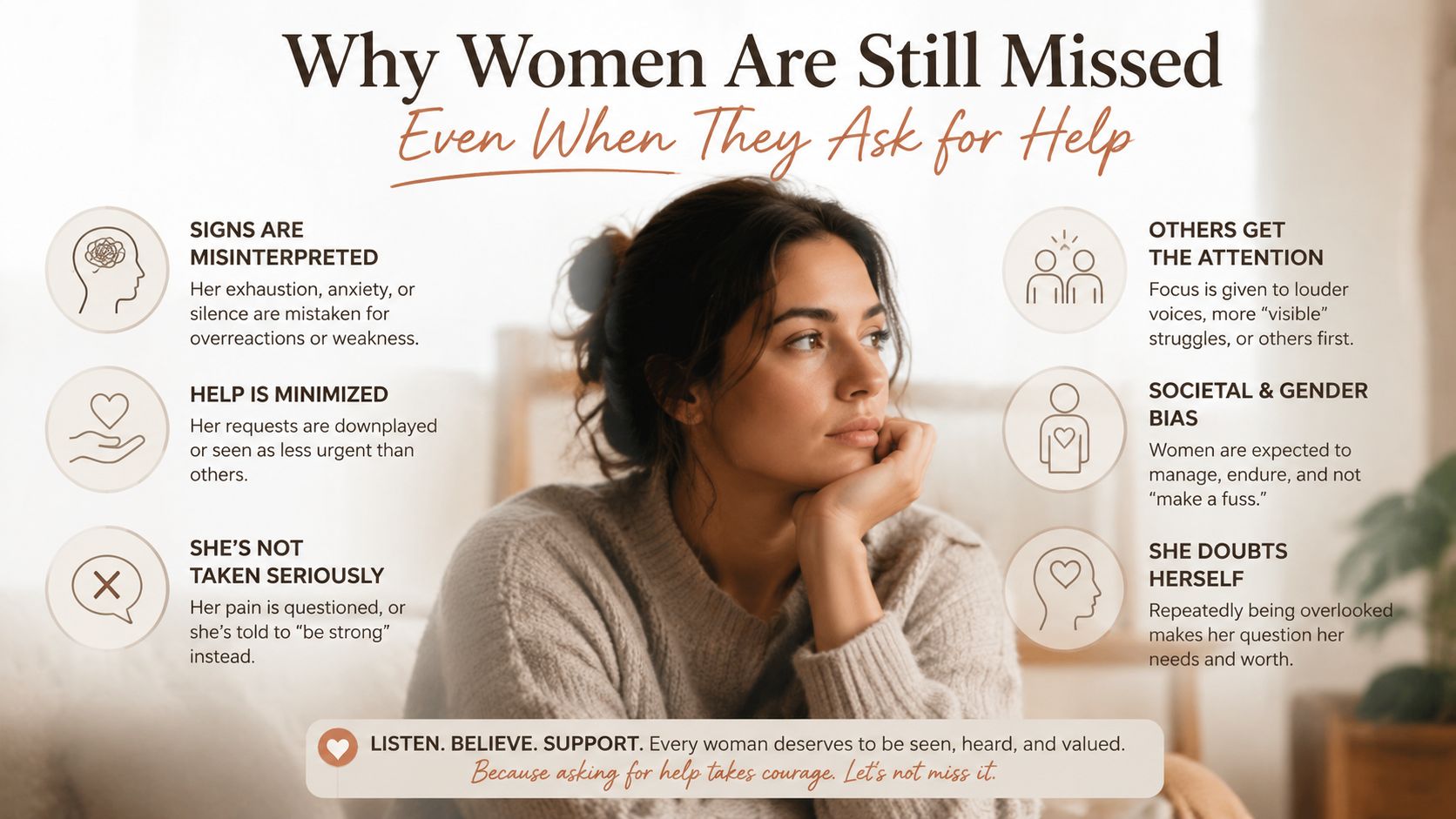 An infographic titled Why Women Are Still Missed, listing six reasons why women's requests for help are ignored.