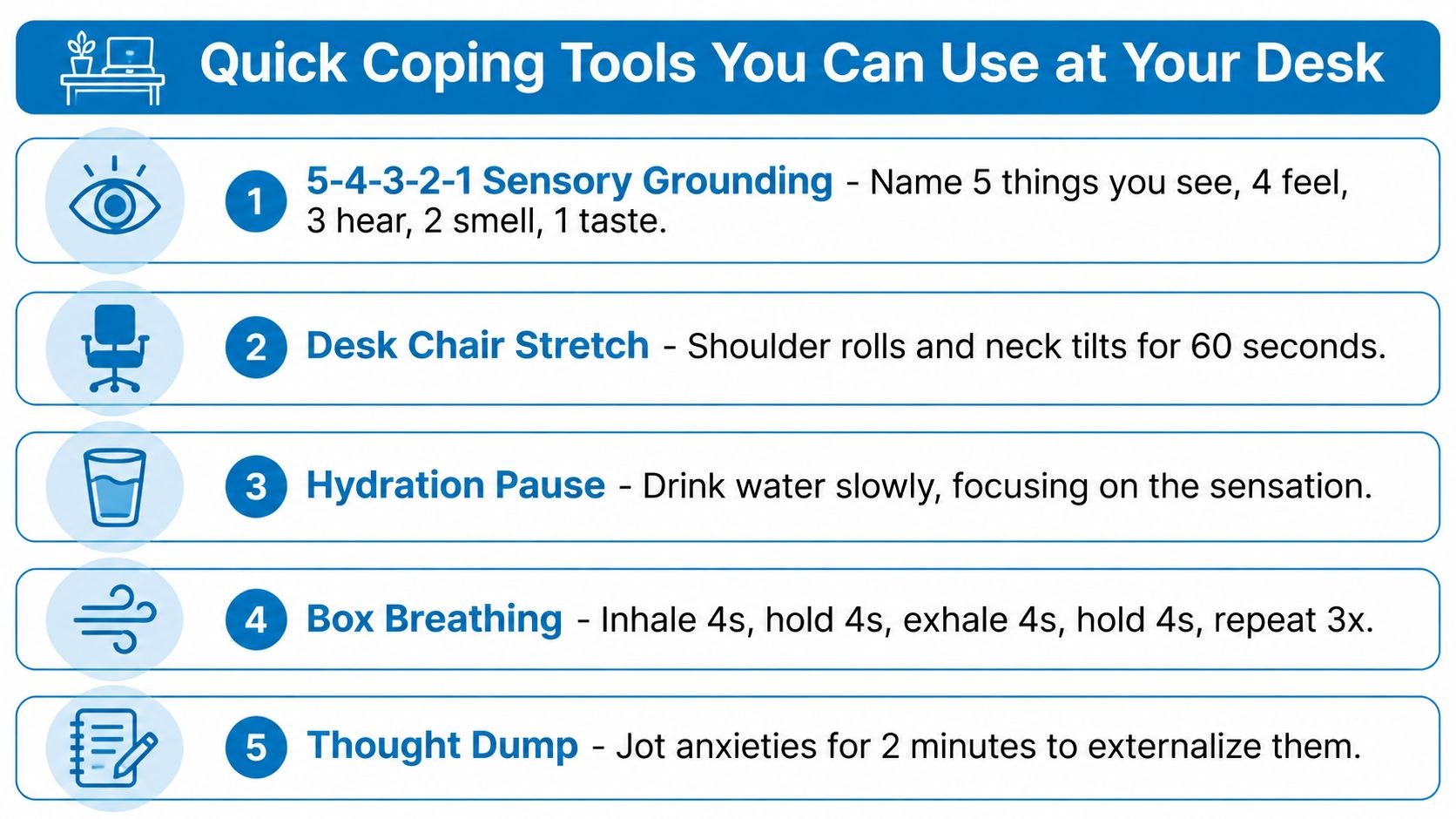 A list of five quick coping tools for workplace anxiety featuring sensory grounding, stretches, hydration, breathing, and journaling.