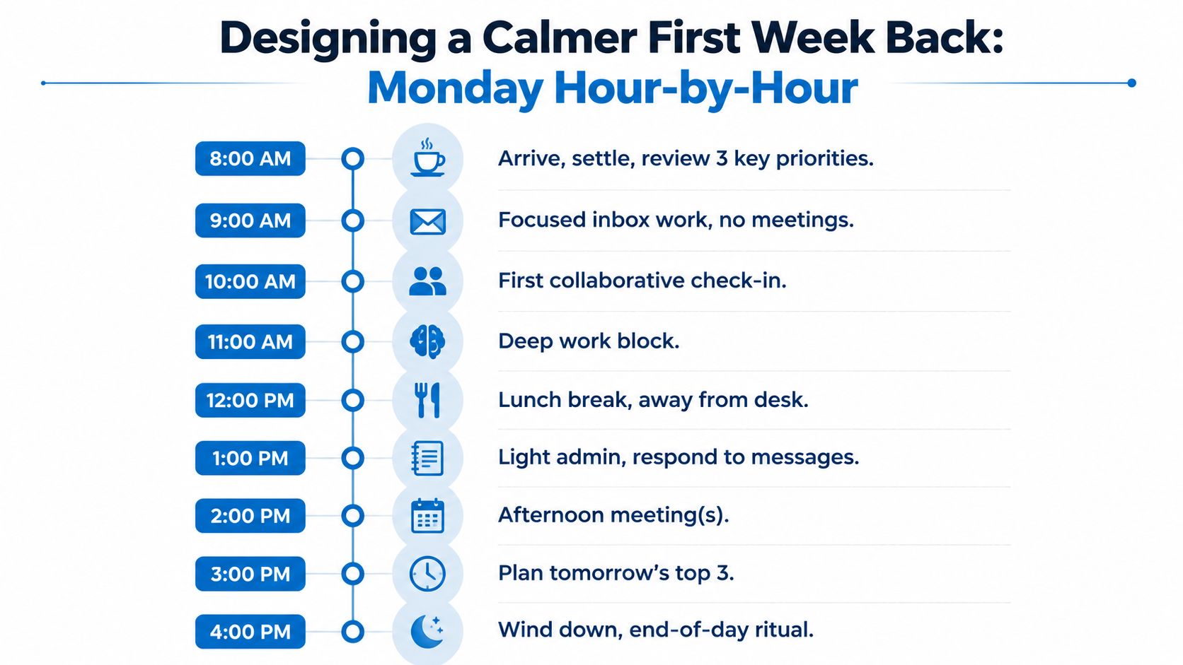 A schedule for a calmer first day back at work, showing hourly tasks from 8 AM to 4 PM.