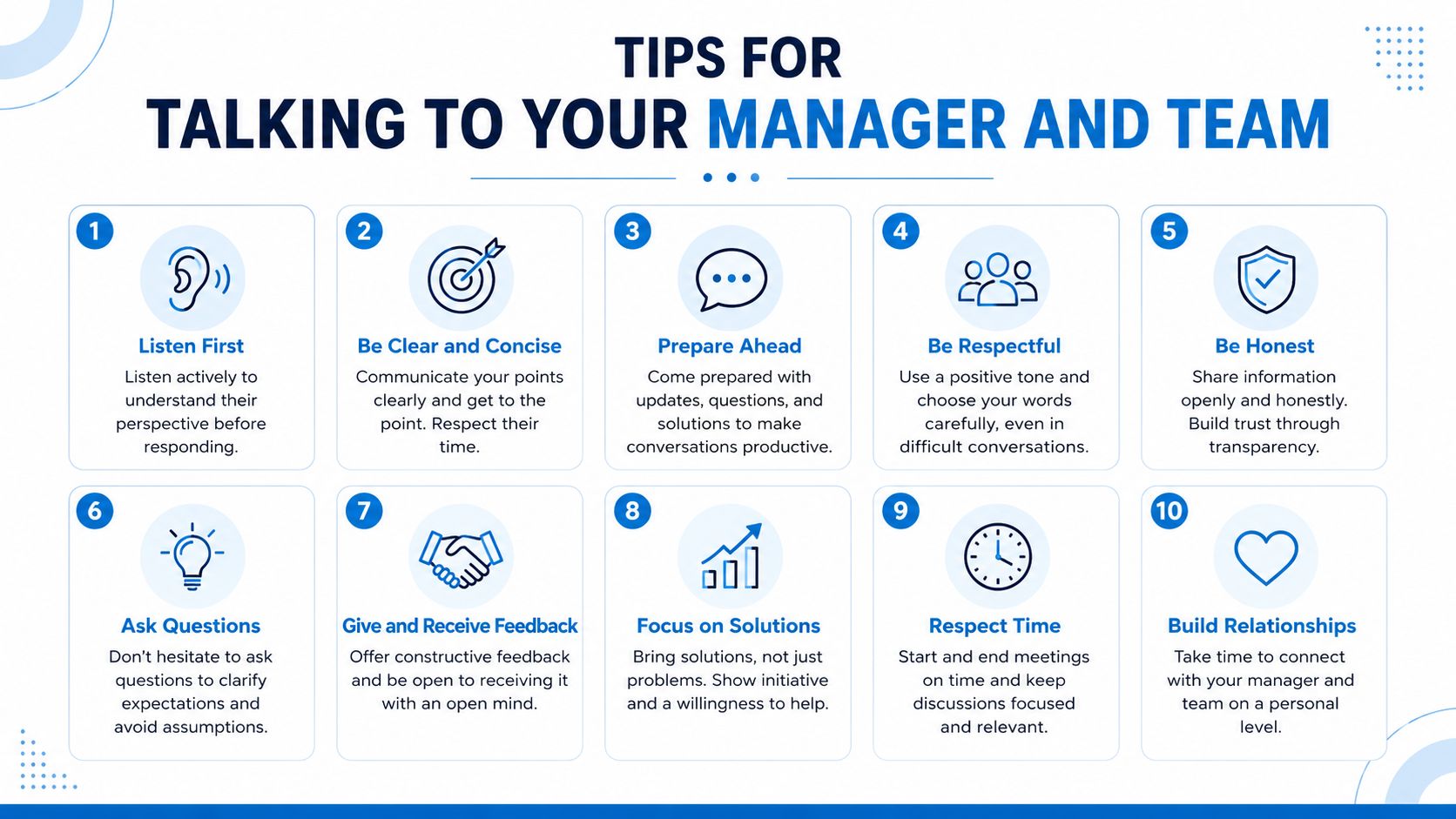 A professional infographic with ten numbered tips for effective communication with managers and team members at work.
