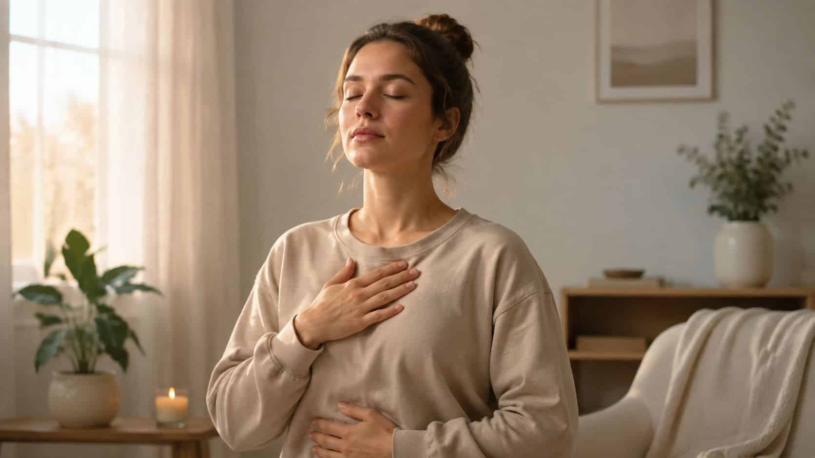 A woman practicing mindful deep breathing exercises with her eyes closed, hands placed on her chest.