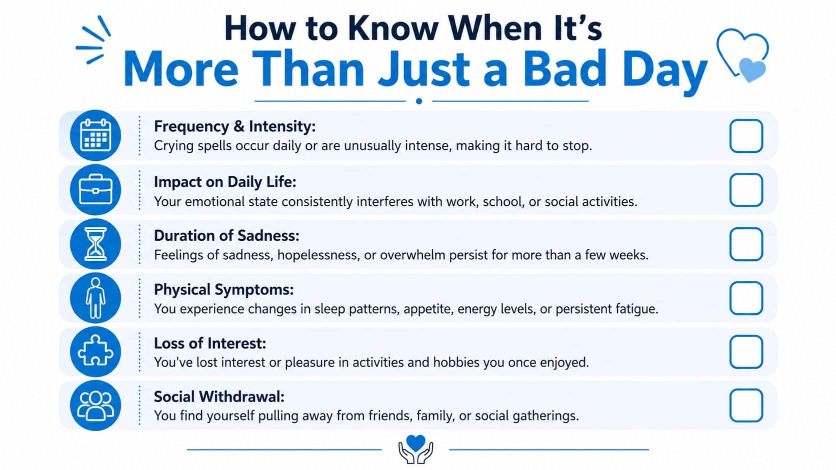 A checklist infographic titled How to Know When It's More Than Just a Bad Day with mental health symptoms.
