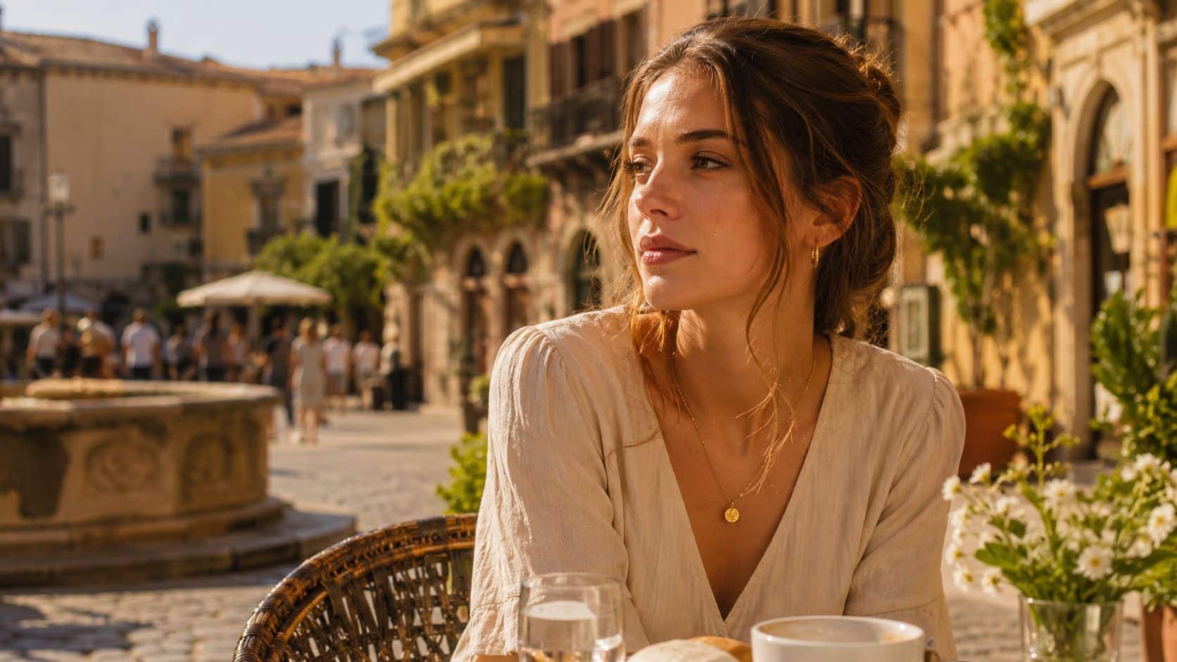 A beautiful young woman sitting at an outdoor cafe with a single tear rolling down her cheek.
