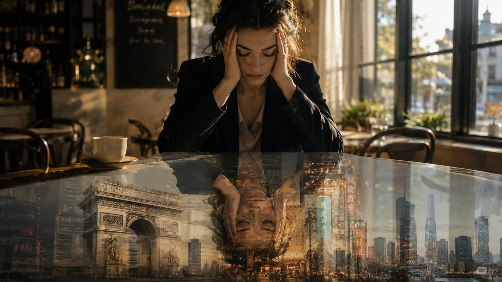 A distressed woman sits at a cafe table with a double exposure of global city landmarks.