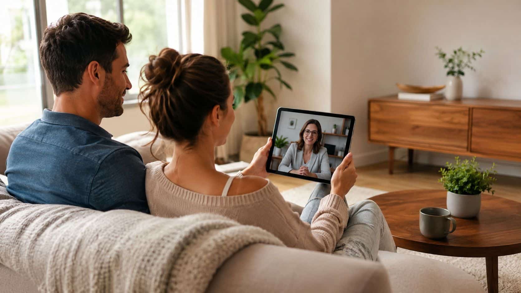 A couple sitting on a couch together while participating in an online couples therapy video call.