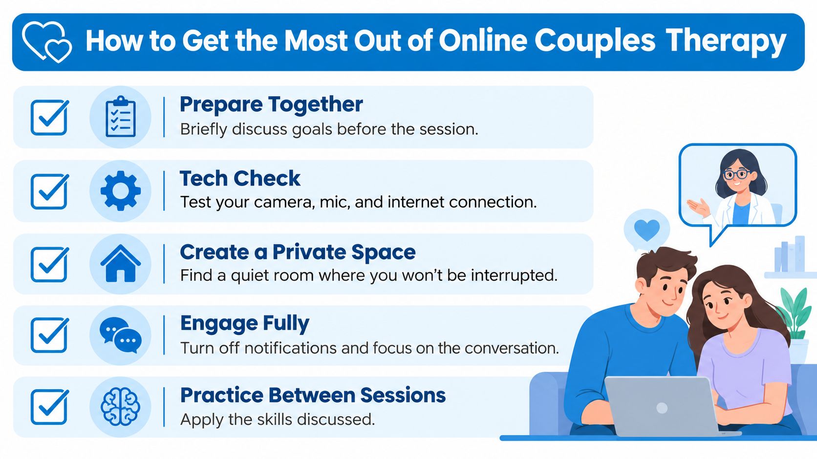 An infographic titled How to Get the Most Out of Online Couples Therapy with five helpful tips.