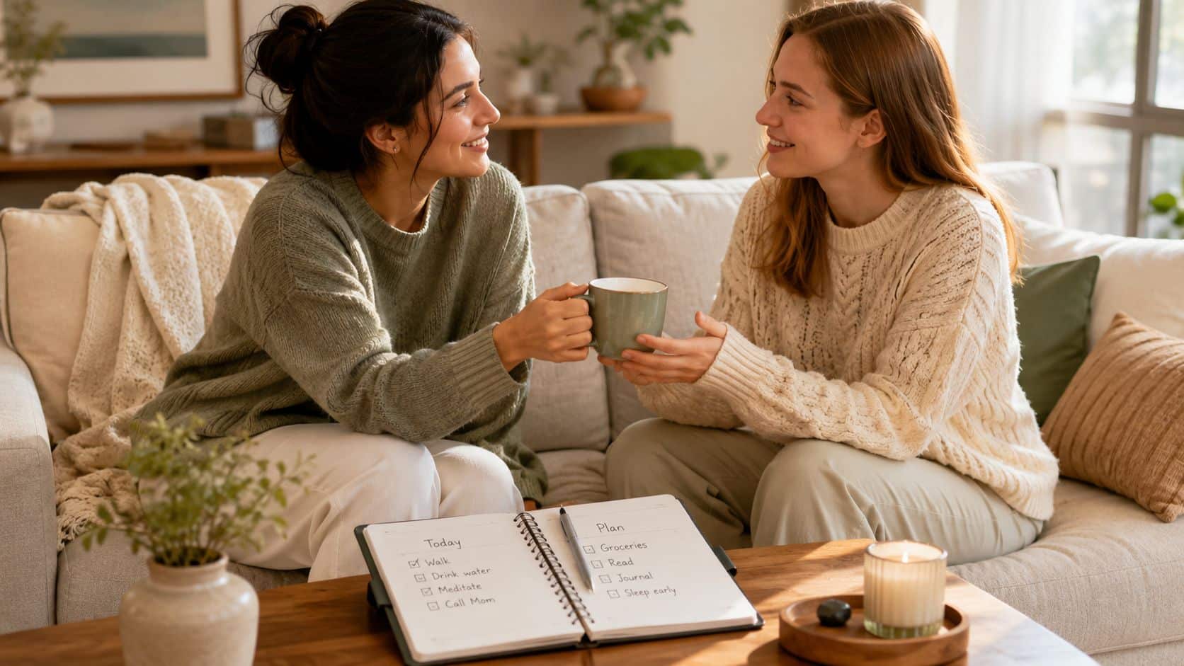 Two women smiling and drinking tea while discussing plans on a cozy couch in a living room.