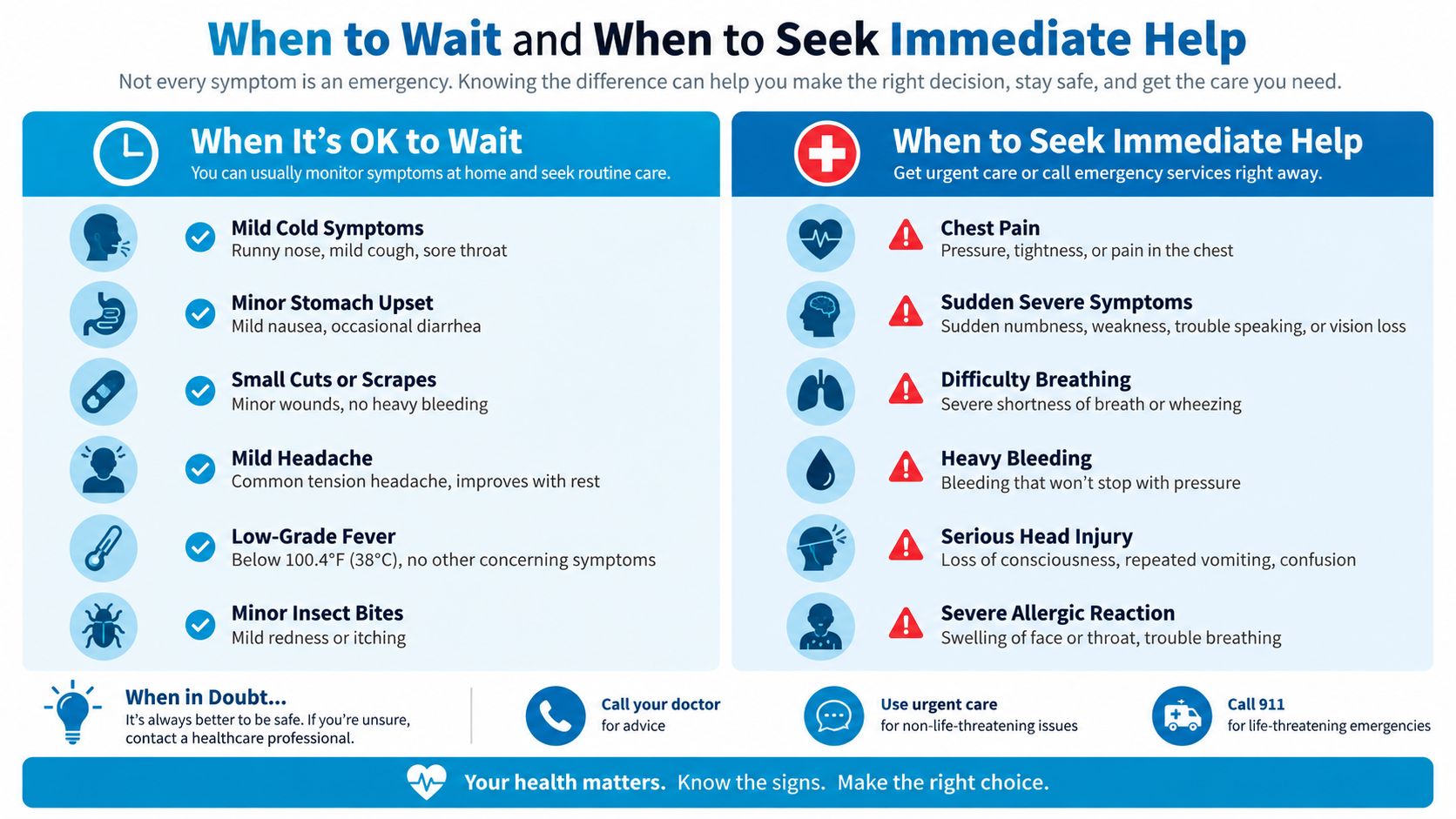 A medical infographic comparing symptoms suitable for home care versus those requiring emergency medical attention.