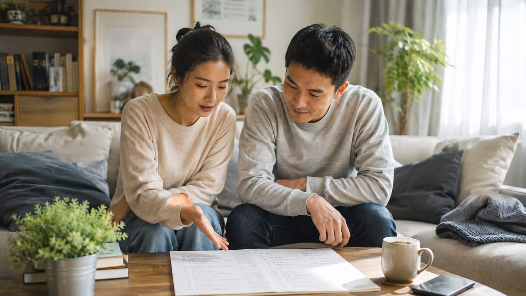 A young couple sits on a couch together, reviewing a document on the coffee table at home.