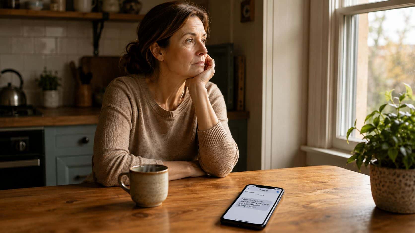 A middle-aged woman sitting at a wooden kitchen table, gazing thoughtfully out of a window while holding a coffee cup.