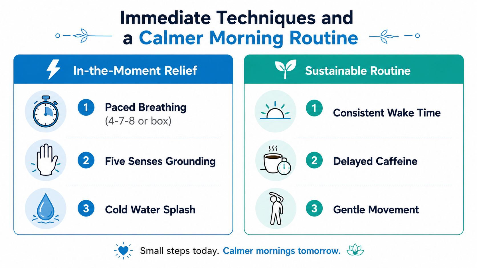 An infographic showing quick anxiety relief techniques and daily habits for a calmer morning routine.