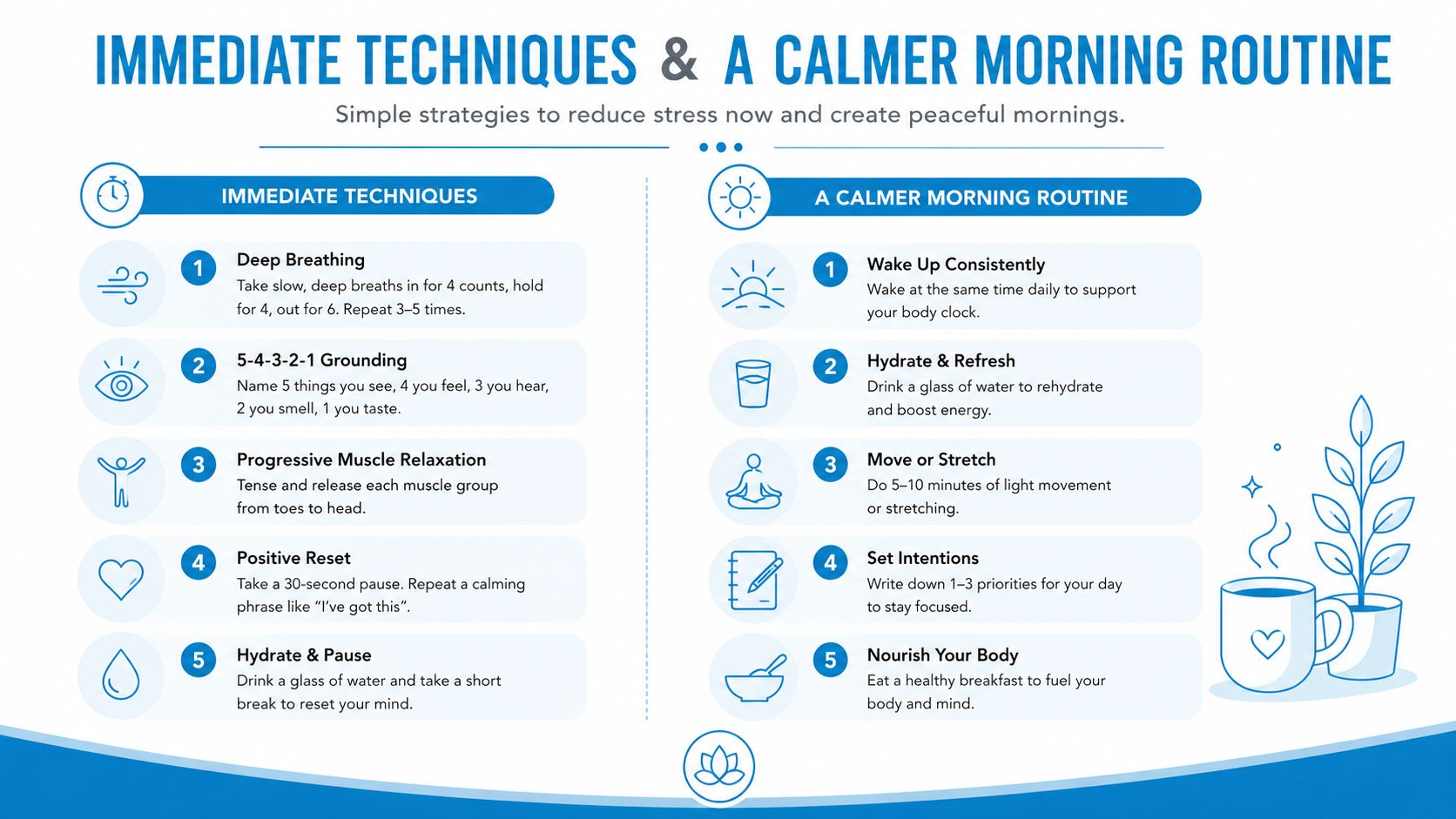 A helpful infographic listing immediate stress relief techniques and a calming morning routine to improve daily well-being.