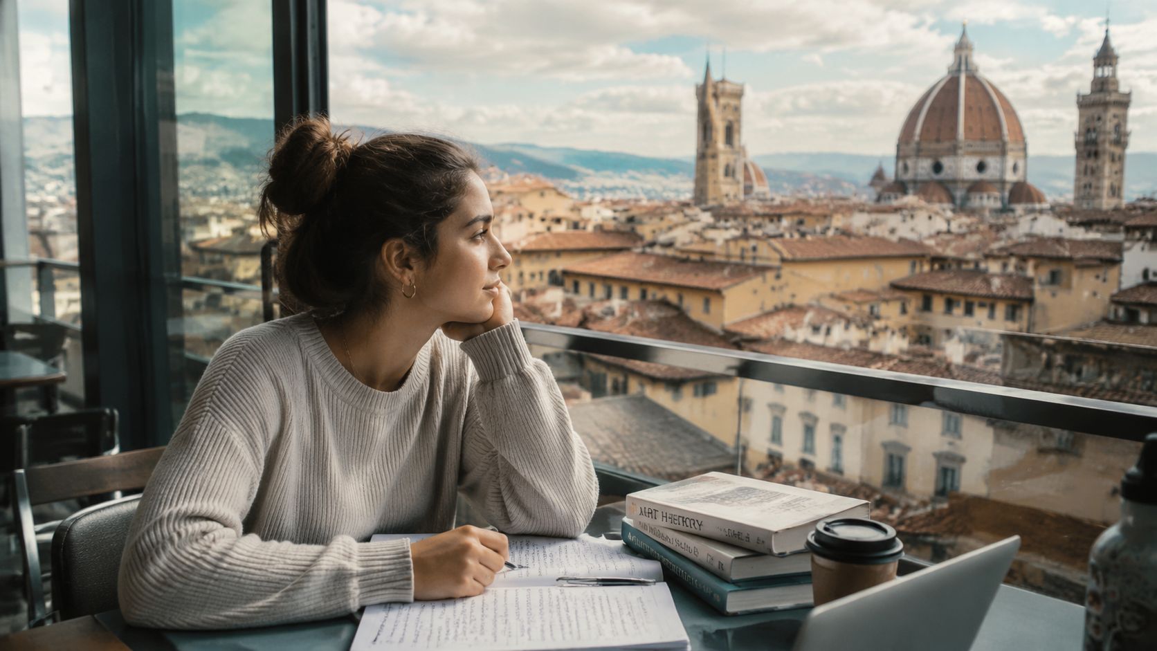 A young female student studying at a desk overlooking the historic cityscape and dome of Florence, Italy.