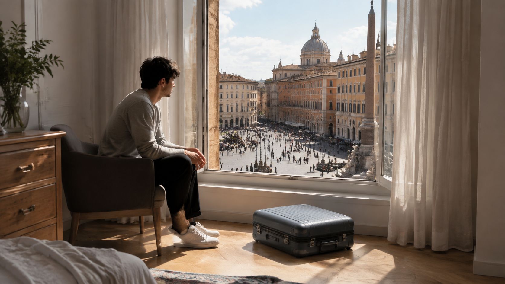 A young man sitting in an armchair gazing out of a hotel window at a crowded Italian plaza.