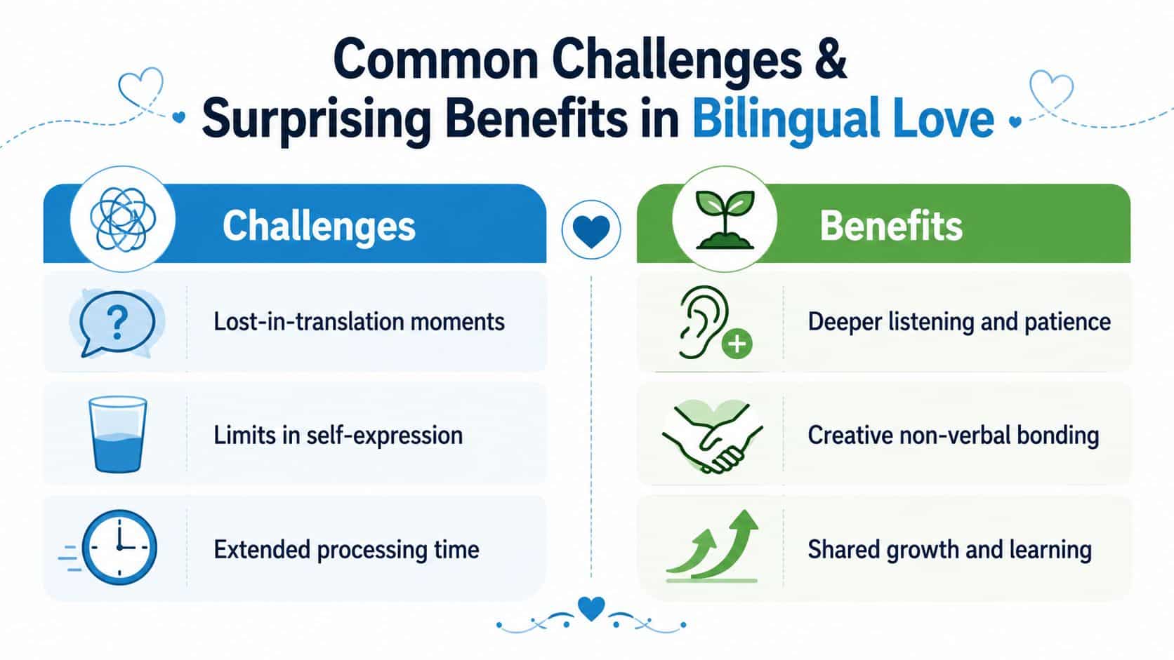 An infographic comparing the common challenges and surprising benefits of being in a bilingual romantic relationship.