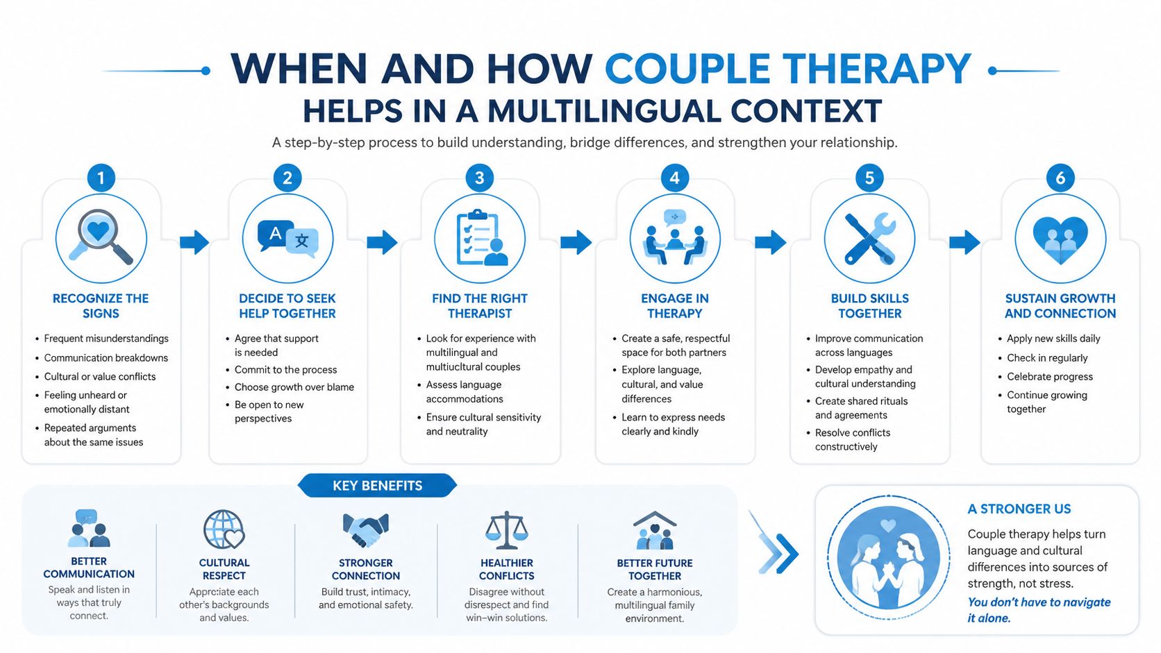 A six-step infographic guide detailing how couple therapy supports partners navigating multilingual and multicultural relationships.