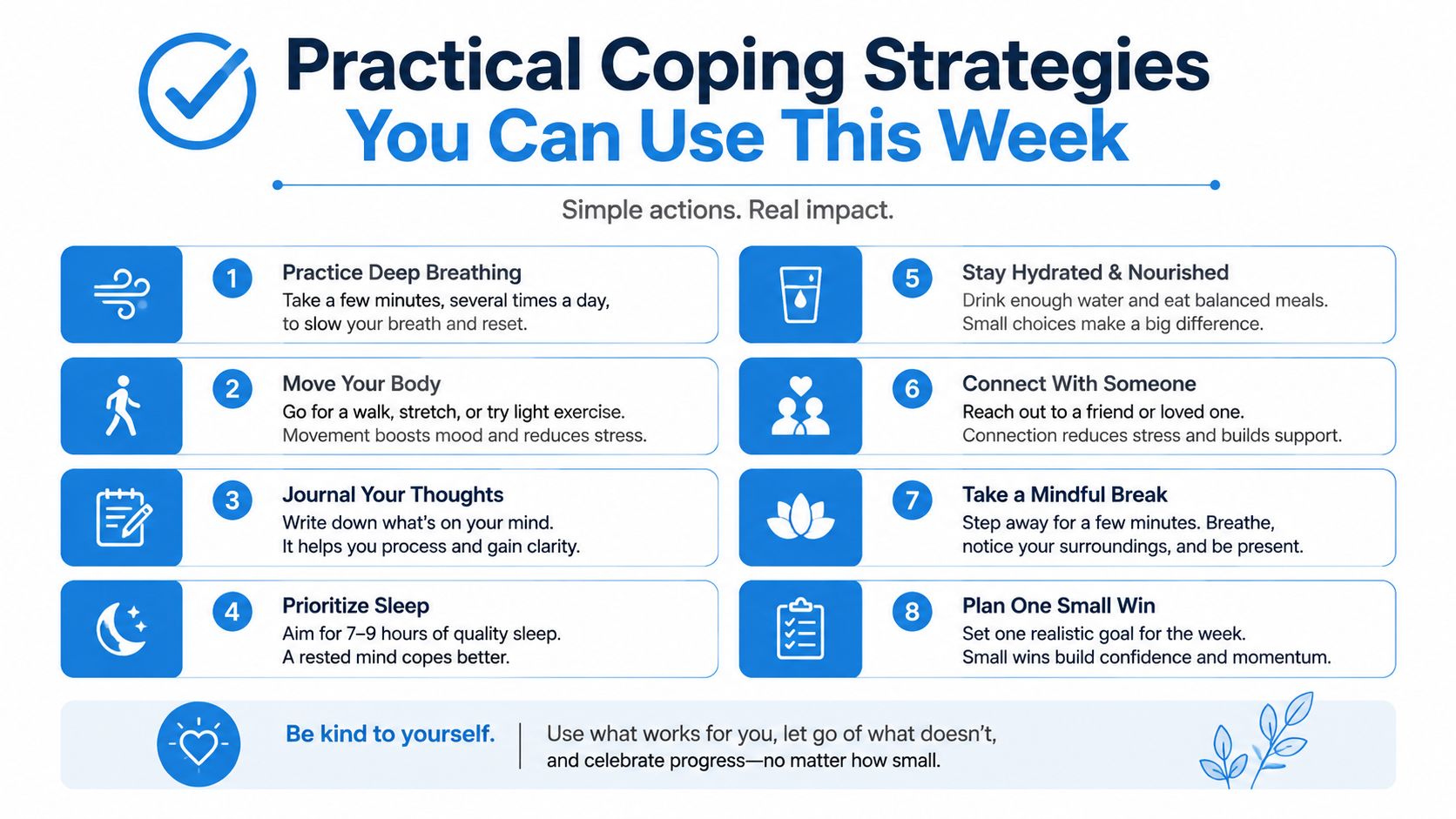 A list of eight practical mental health coping strategies, including exercise, sleep, nutrition, and mindfulness techniques.