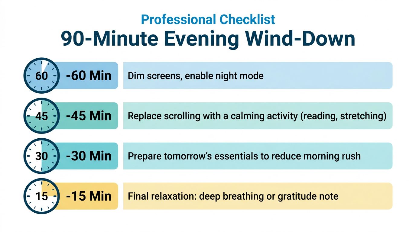 A checklist for a 90-minute evening wind-down routine featuring four steps for better sleep and relaxation.