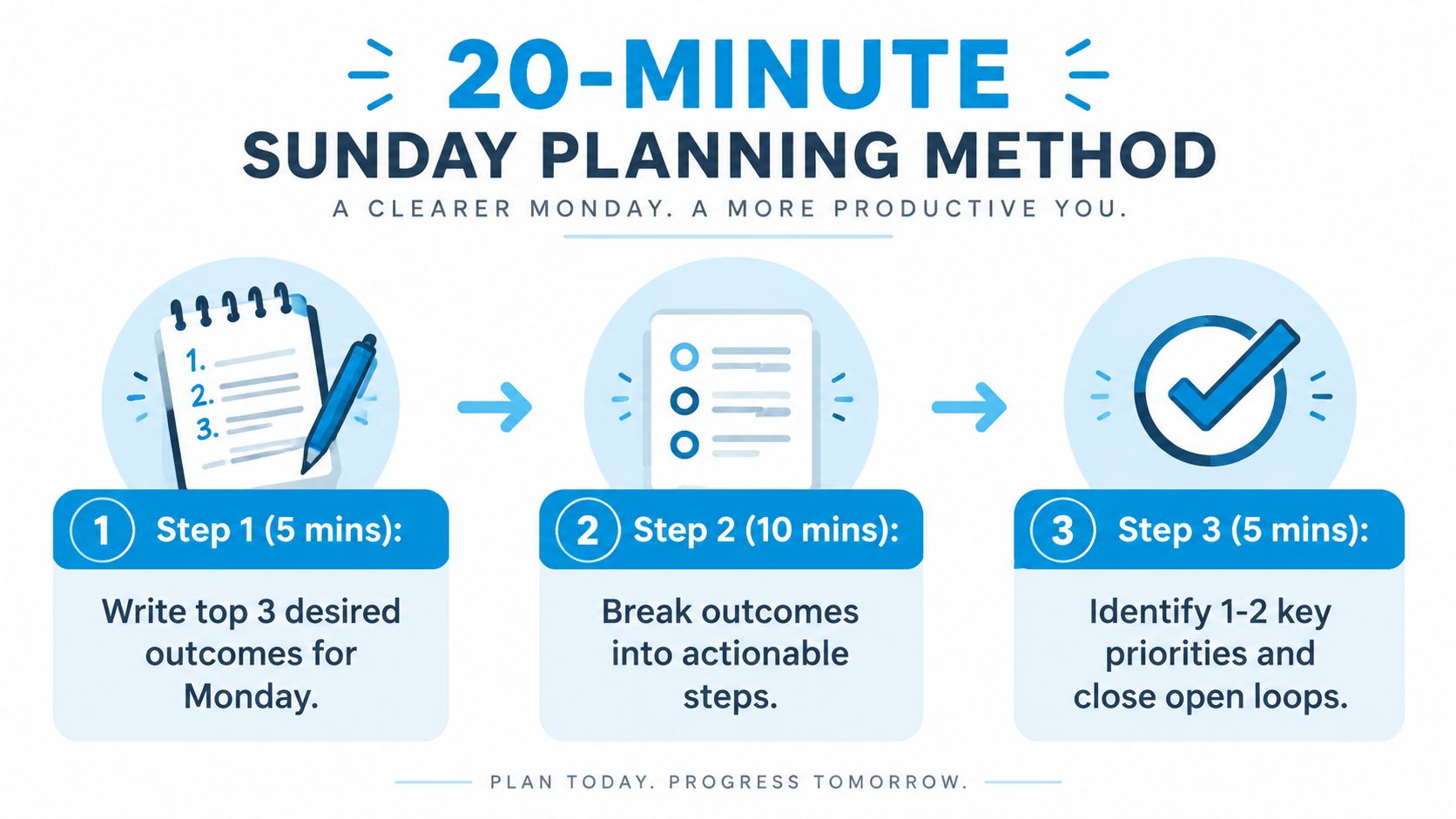A visual guide for a 20-minute Sunday planning method to improve productivity for the upcoming week.