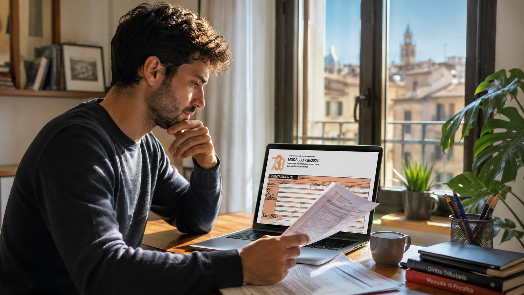 A focused man sitting at a wooden desk, analyzing tax documents and filling out a digital form.