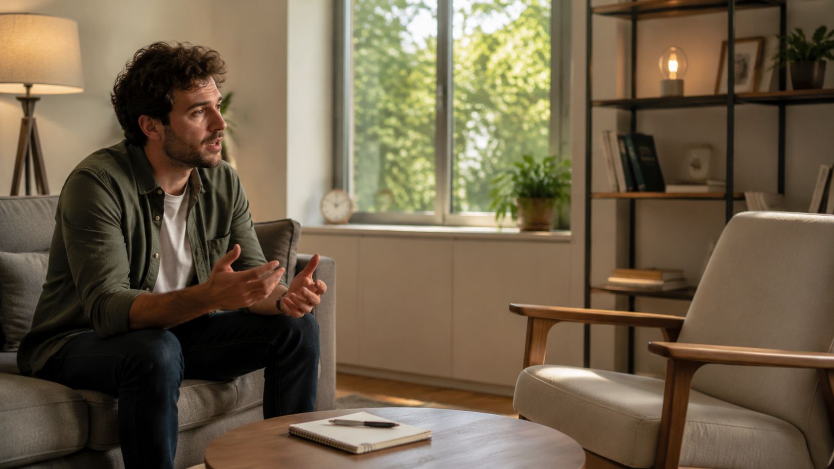 A man sitting on a couch in a cozy office having a professional therapy session.