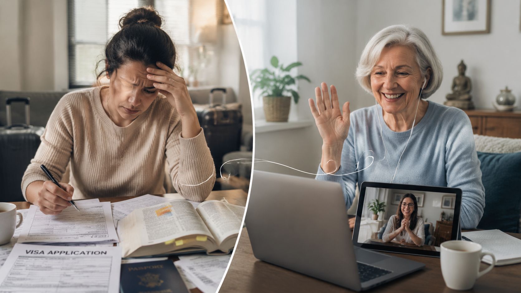 A split-screen image showing a stressed woman filling out visa forms and a happy woman video chatting.