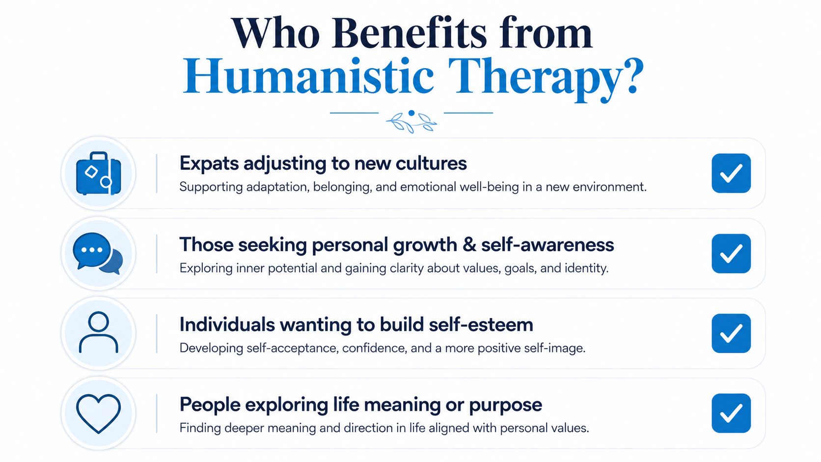 An infographic list titled Who Benefits from Humanistic Therapy, outlining four key groups that gain from this approach.