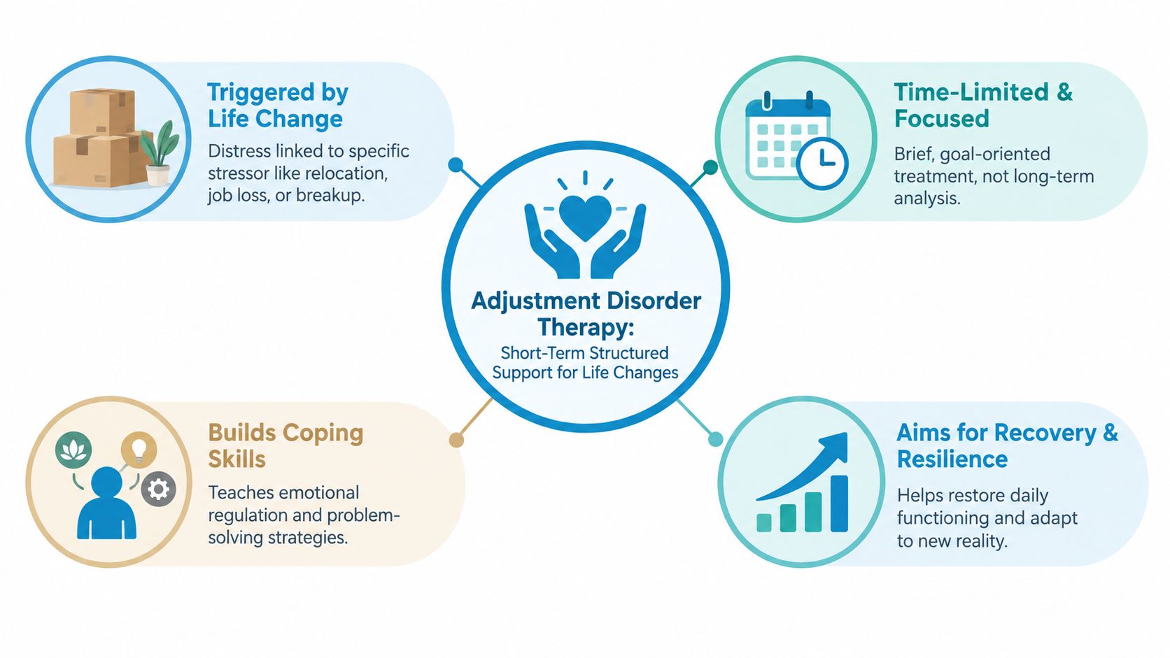 A diagram illustrating the benefits and characteristics of adjustment disorder therapy for managing major life changes.