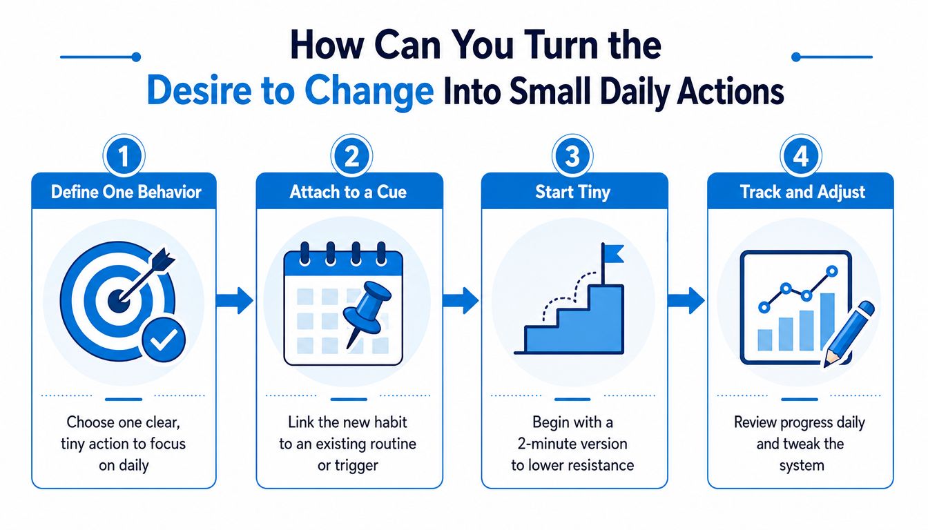 A four-step infographic illustrating how to turn the desire to change into small, manageable daily actions.
