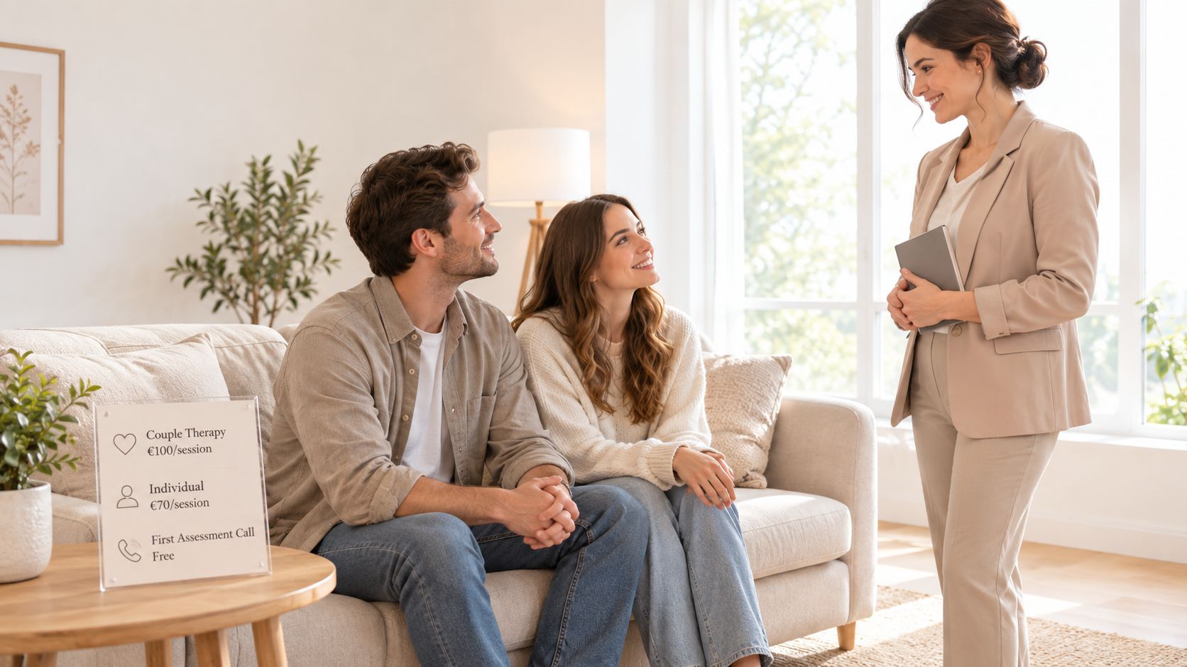 A professional therapist meeting with a smiling young couple in a bright, modern counseling office space.