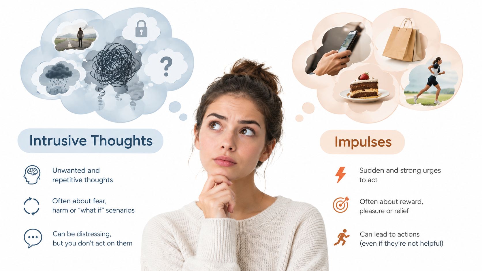 A woman contemplating the psychological difference between intrusive thoughts and impulsive actions with illustrative thought bubbles.