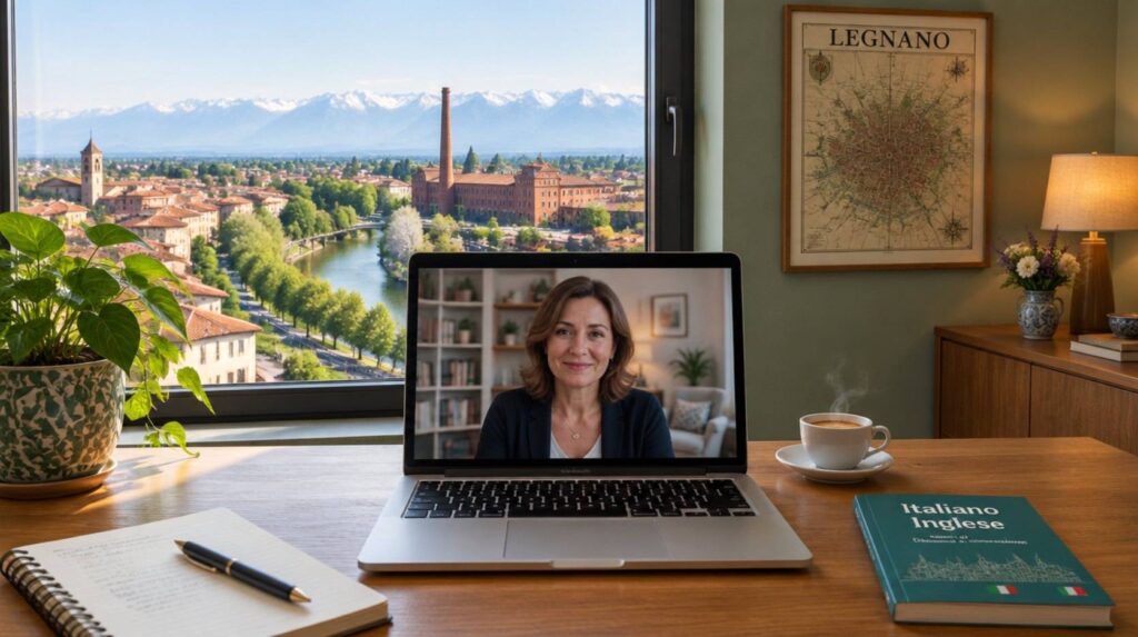 Online therapy session with an English-speaking psychologist, with a view over Legnano, the Olona river and the former textile mill