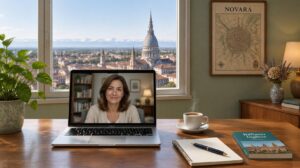 Online therapy session with an English-speaking psychologist, with a view over Novara and the dome of San Gaudenzio