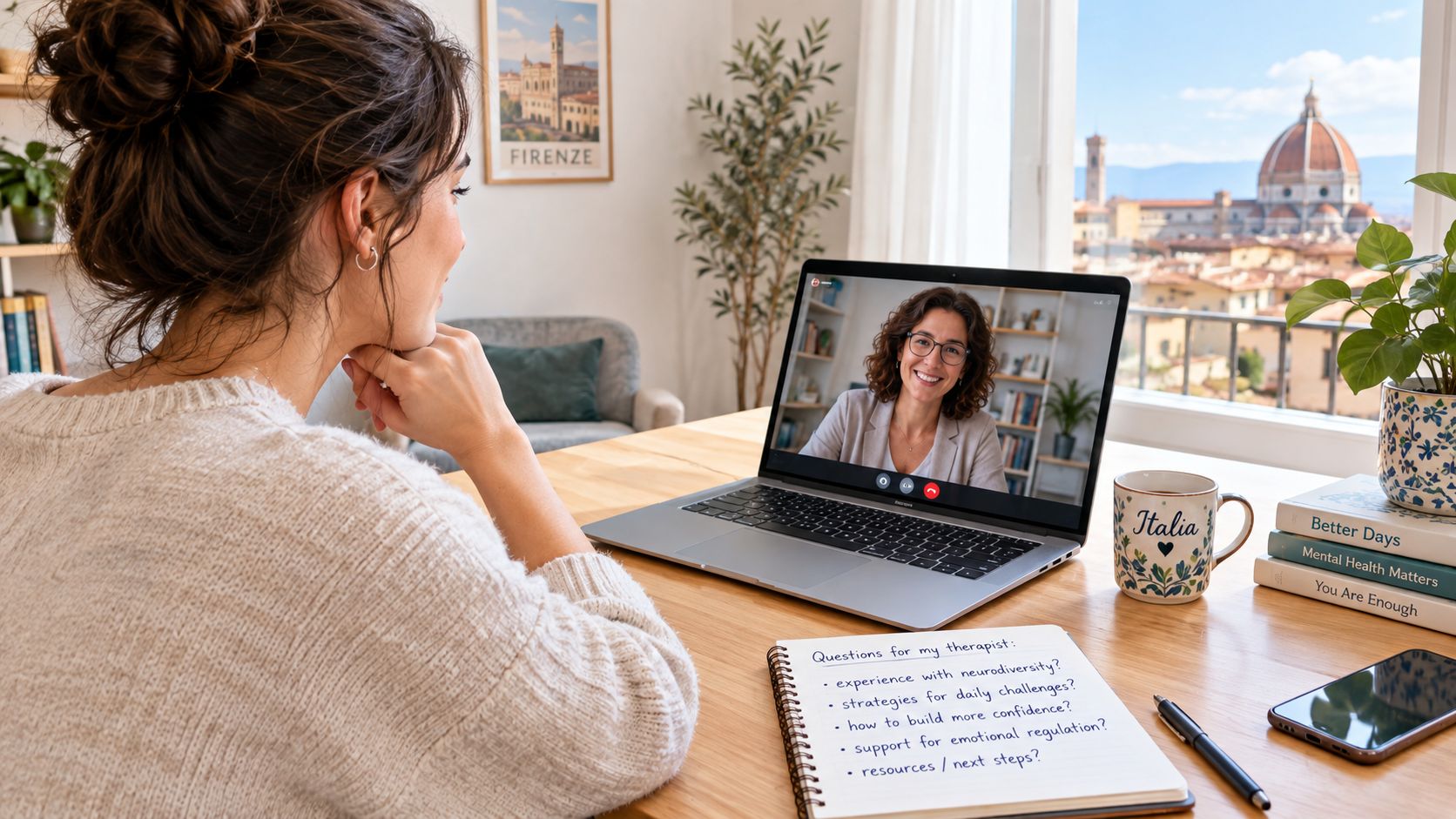A woman engaging in a neurodiversity affirming therapy session online via video call on her laptop.