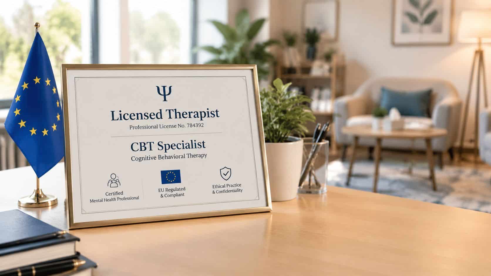 A professional therapist certification for CBT on a wooden desk with a small European Union flag.