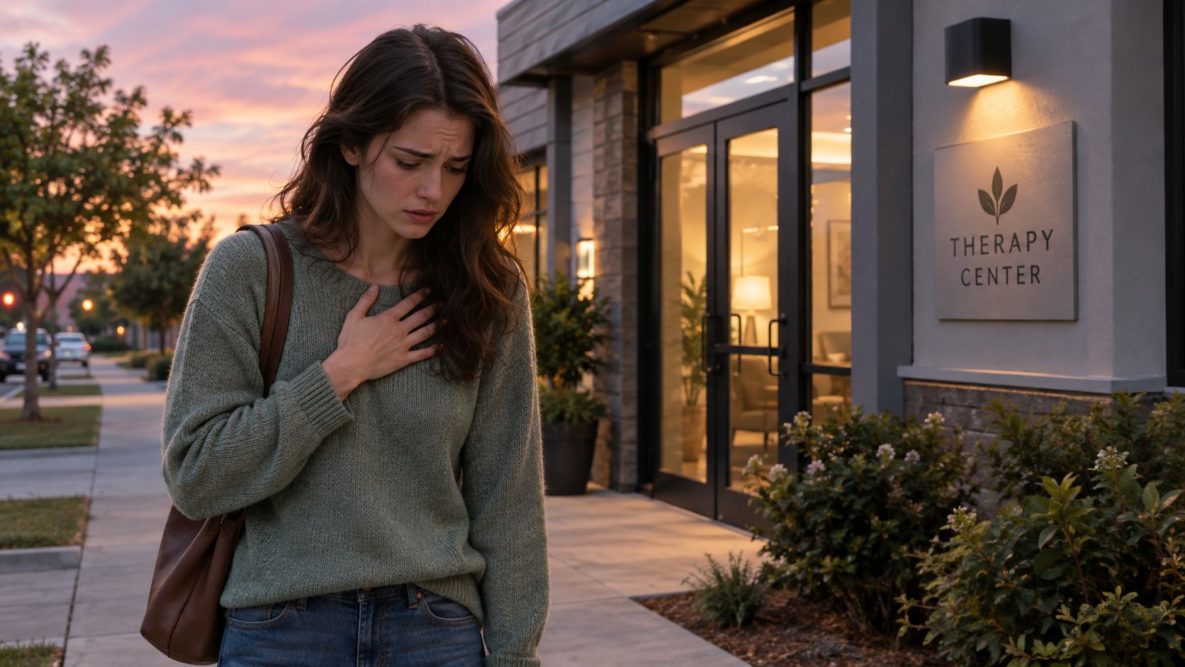 A distressed woman clutching her chest outside a building marked as a therapy center at sunset.